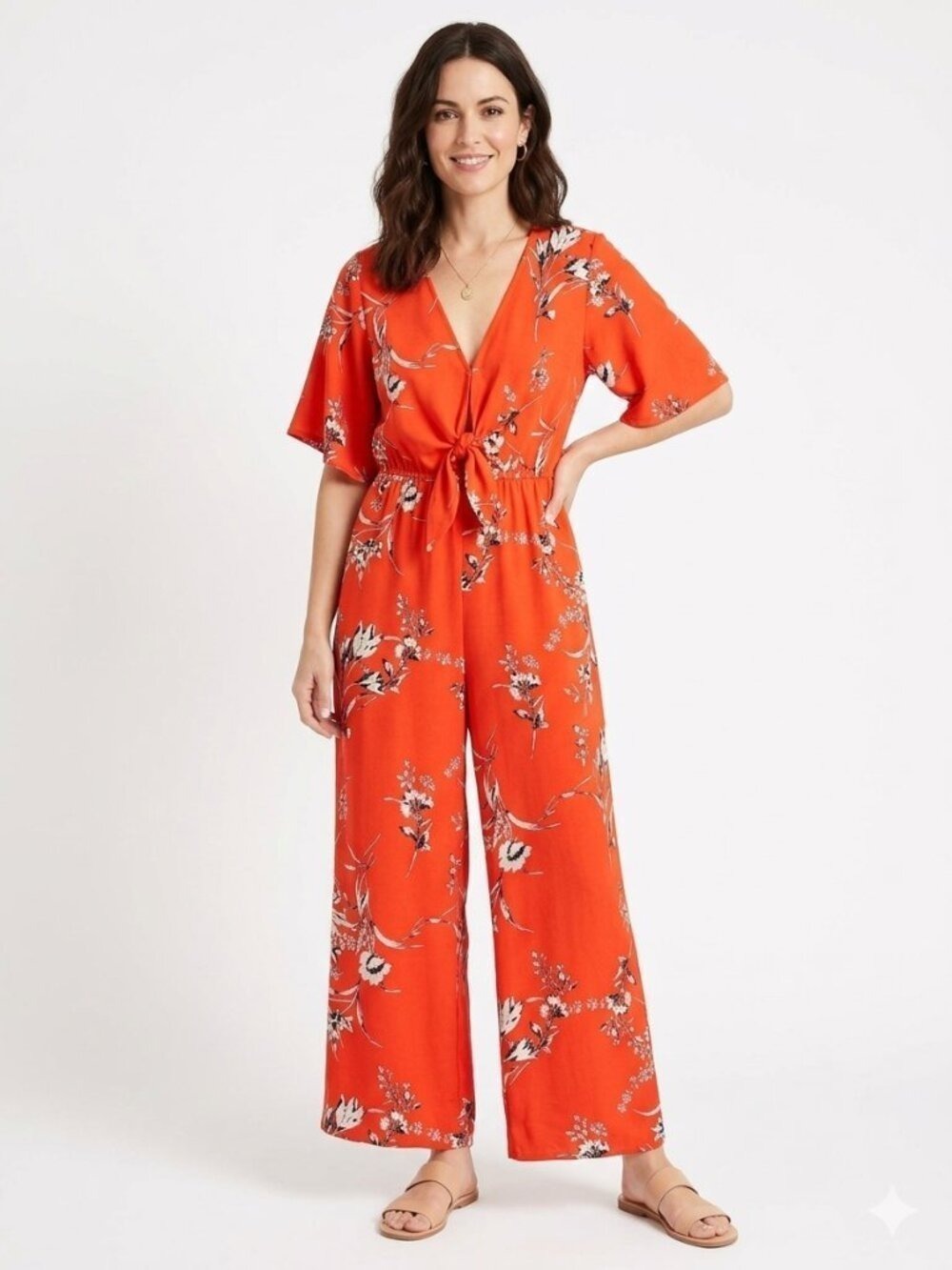 *Sienna Sky Red Floral Jumpsuit V-Neck Wide Leg XS 0525